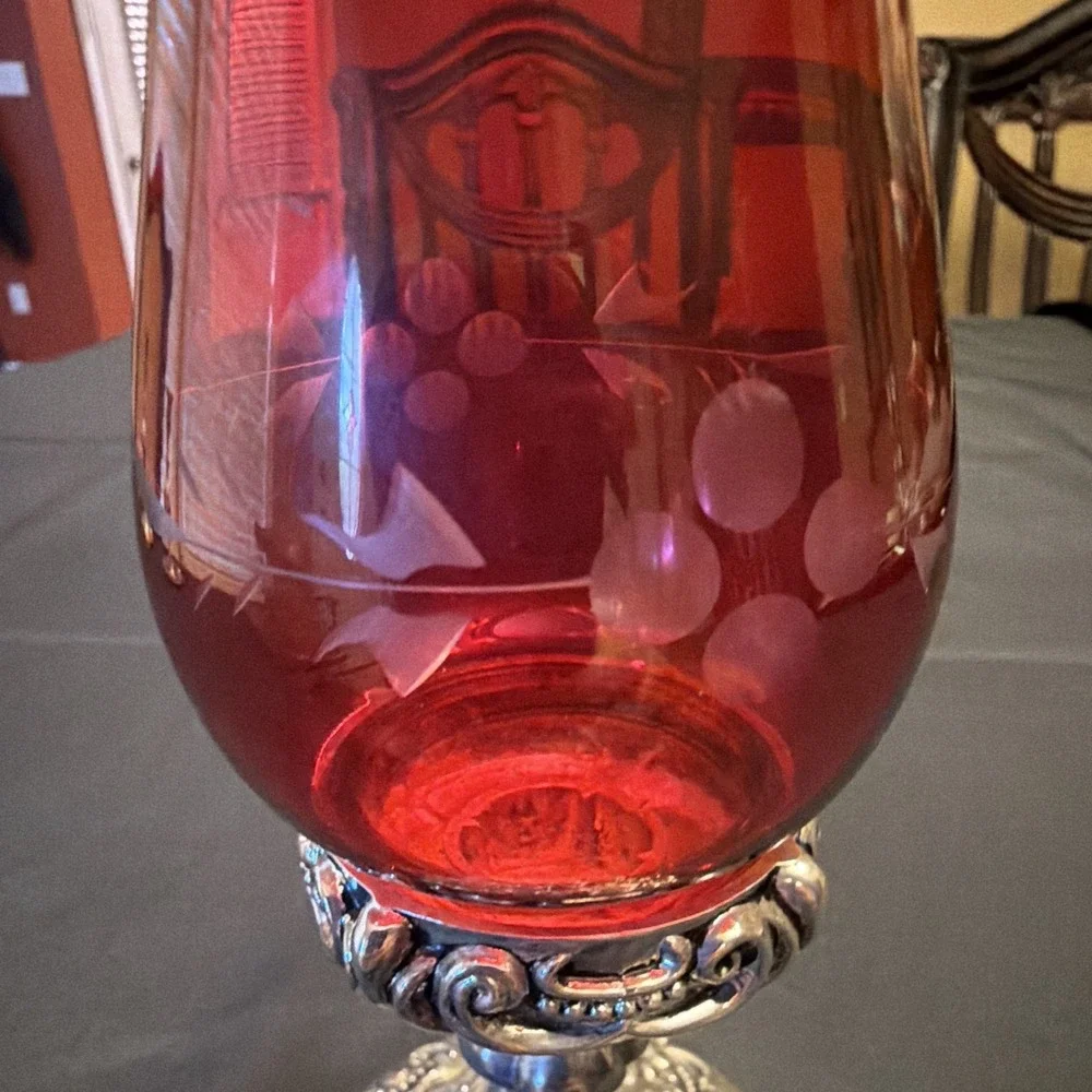Godinger Red Glass Floral Vase, Scalloped Rim, Etched Design, Silver Base